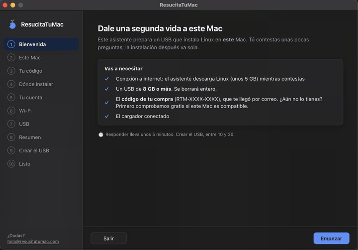 El asistente en un MacBook Air: de la bienvenida a «El USB está listo».