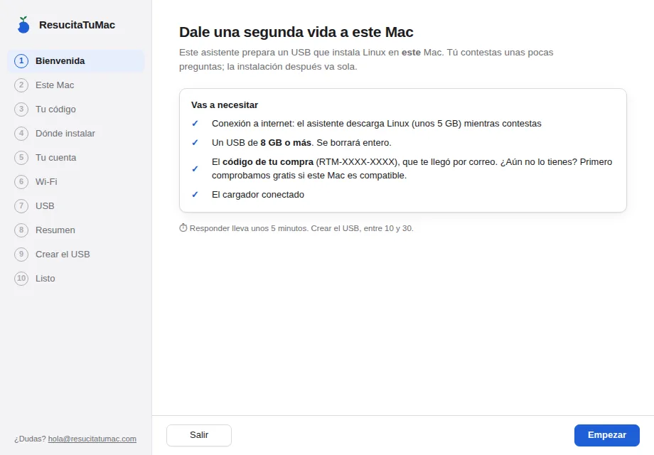 Pantalla de bienvenida del asistente, con la lista de lo que hace falta