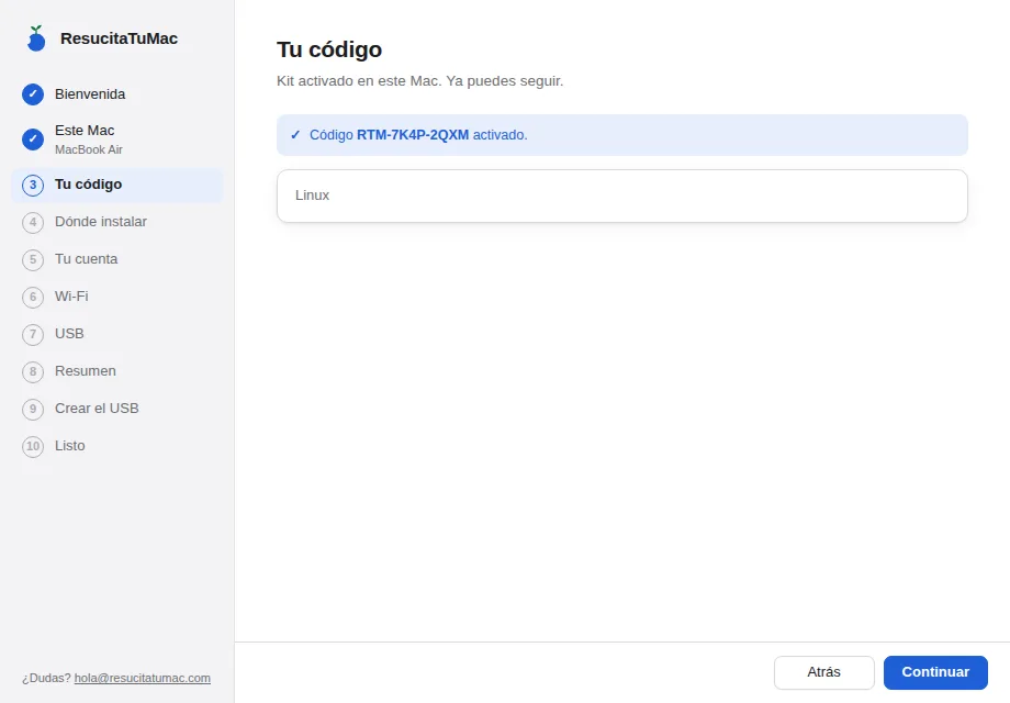 Código del kit activado en el asistente
