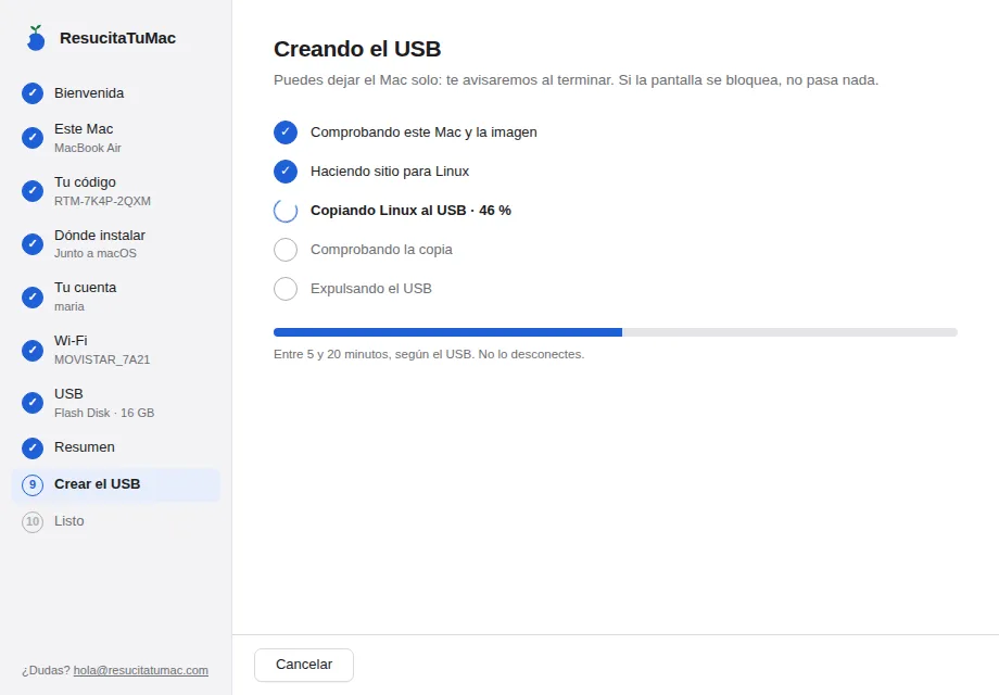 Progreso de creación del USB