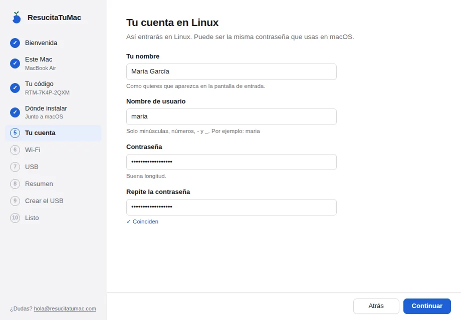 Formulario con nombre, usuario y contraseña para Linux