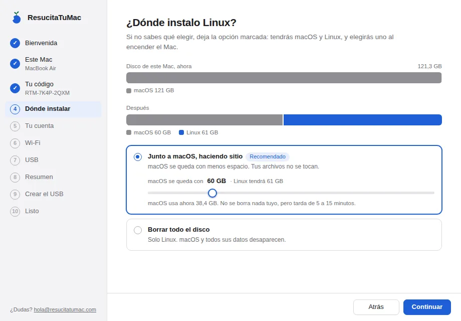 Elección de dónde instalar Linux, con una barra del disco antes y después