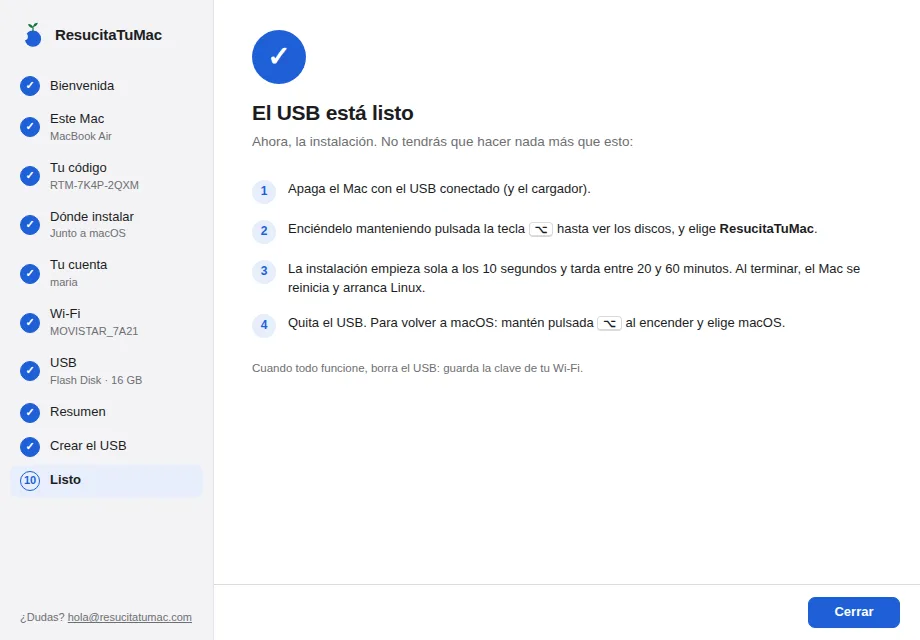 El USB está listo, con los cuatro pasos para instalar