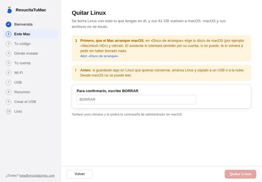 Confirmación para quitar Linux del Mac