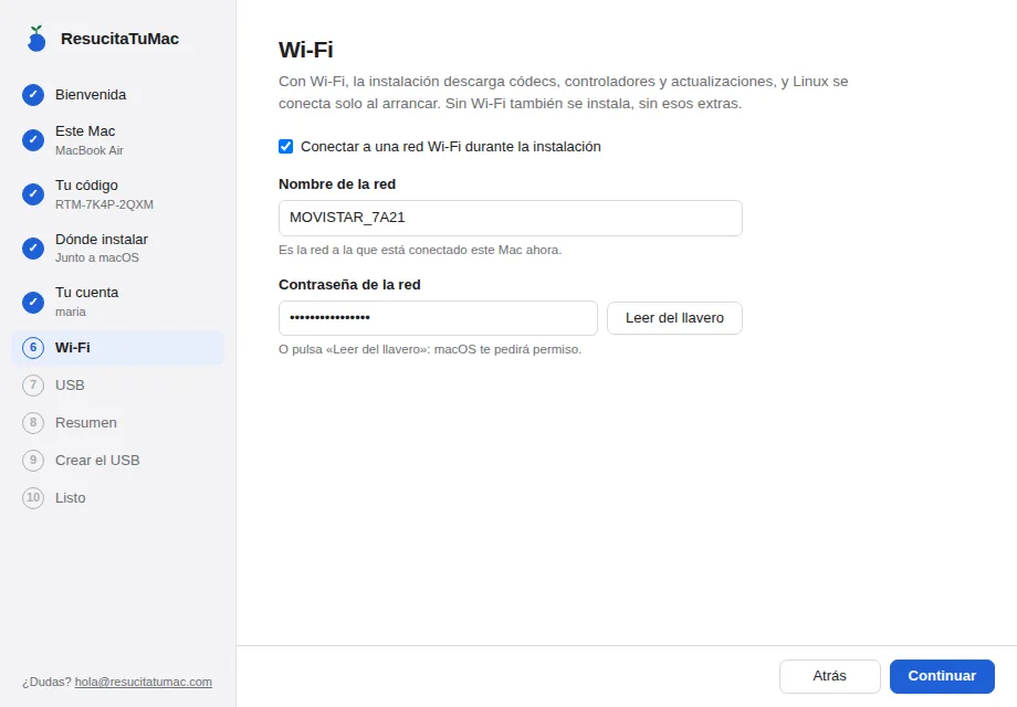 Nombre de la red Wi-Fi y su contraseña