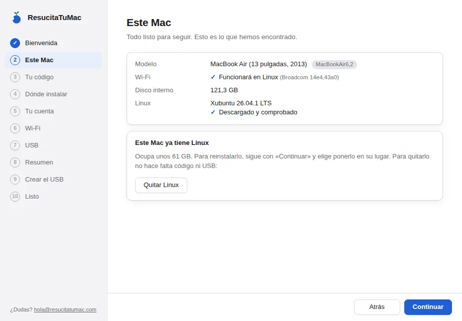El asistente detecta que este Mac ya tiene Linux y ofrece quitarlo